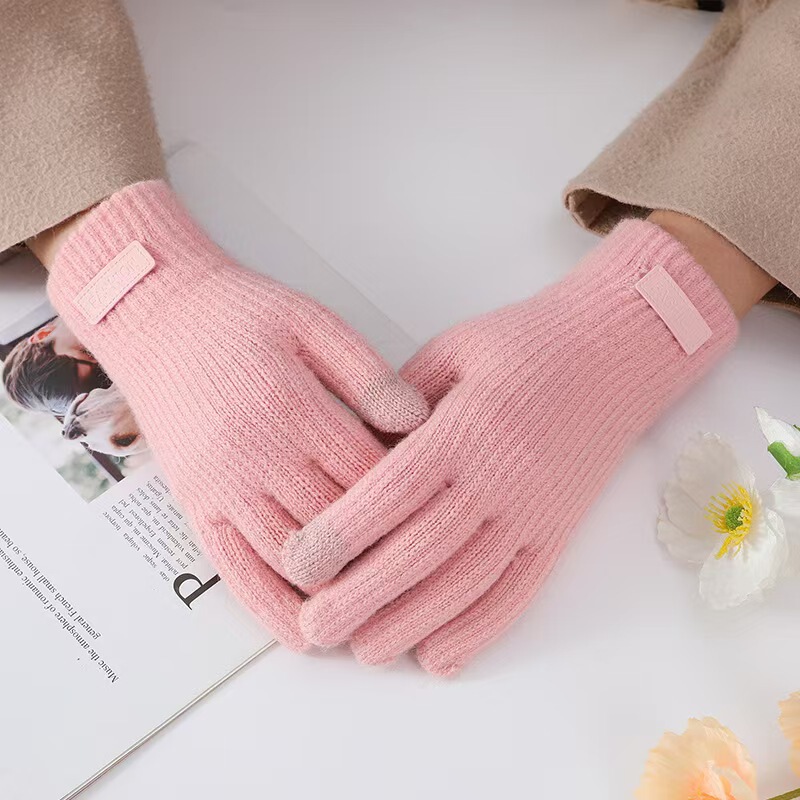 女性用冬用手袋、ベルベットで厚く、5本指の学生、かわいいニットの防寒サイクリング、タッチスクリーンの暖かいサイクリンググローブ|undefined