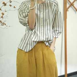 夏季新款素凡卡韩系小众简约风竖条纹单排扣圆领衬衫半袖宽松衬衣