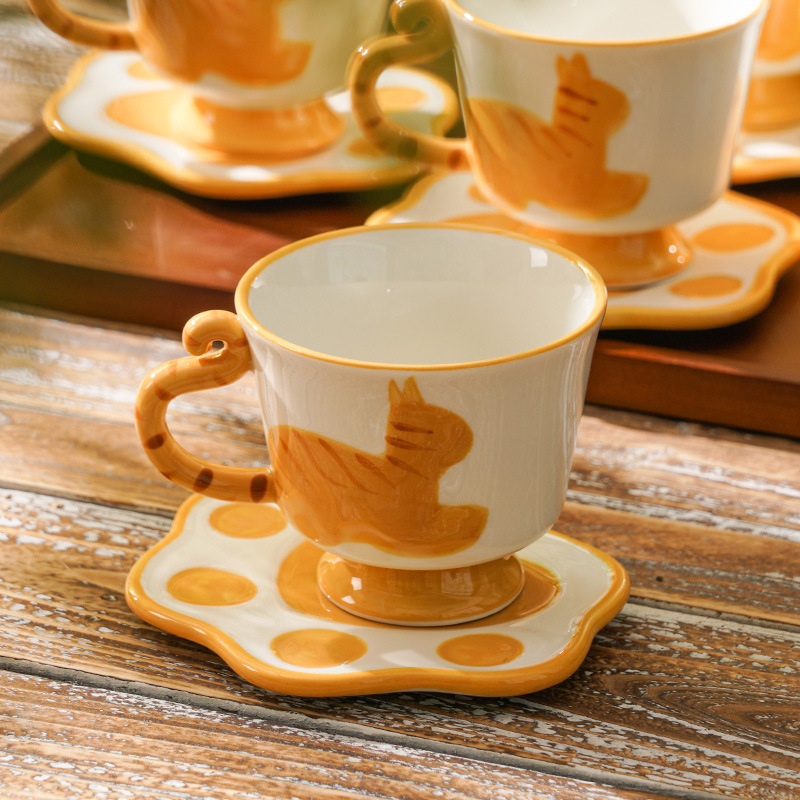 かわいい猫ティーセット午後ティーカップコーヒーカップ猫カップ皿セット黄色オレンジ猫カップ子供カップ|undefined