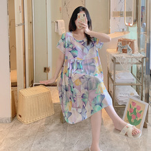 跨境外贸棉绸睡裙女夏季短袖高级感甜美大码棉绸裙春秋薄款家居裙
