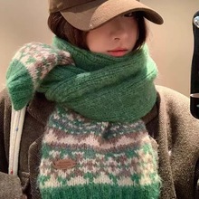 费尔岛提花围巾女韩系复古气质针织毛线保暖围脖百搭爆款披肩一体