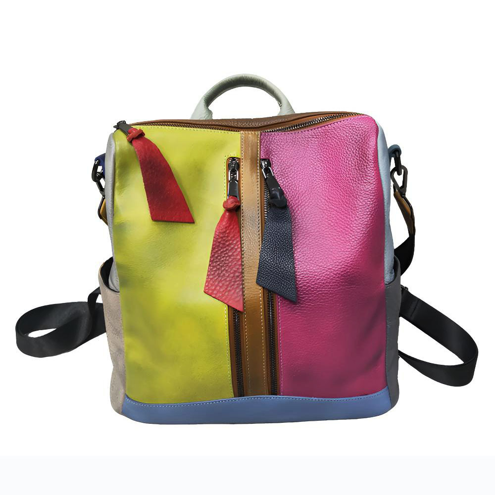 Leather Backpack With Colorful Cowhide Splicing, Single Shoulder Bag, Casual Backpack_voghion.com