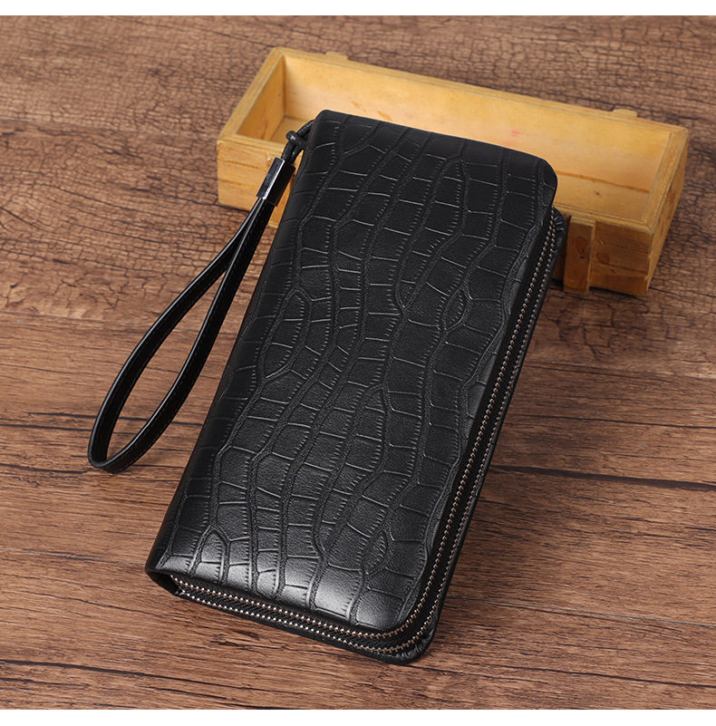 Ví nam dài vân cá sấu da bò thật khóa kéo đôi nhiều ngăn đựng thẻ 21×4,5×11 cm — Màu đen vân cá sấu cỡ nhỏ, Màu đen vân cá sấu cỡ trung chi tiết 3