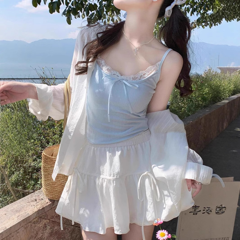 Blue Suspender Belt with Breast Pads for Women, Lace Inner Vest 2025 New Style with Cardigan, Summer Outer Top