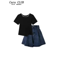 Cara CLUB plus size соответствует полному комплекту летней одежды для полных девушек, чтобы выглядеть стройными, футболка с короткими рукавами и джинсы, комплект из двух предметов.