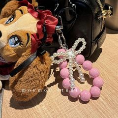 ins手機掛繩少女珍珠蝴蝶結串珠粉色鑰匙扣掛鏈包包掛件鏈條