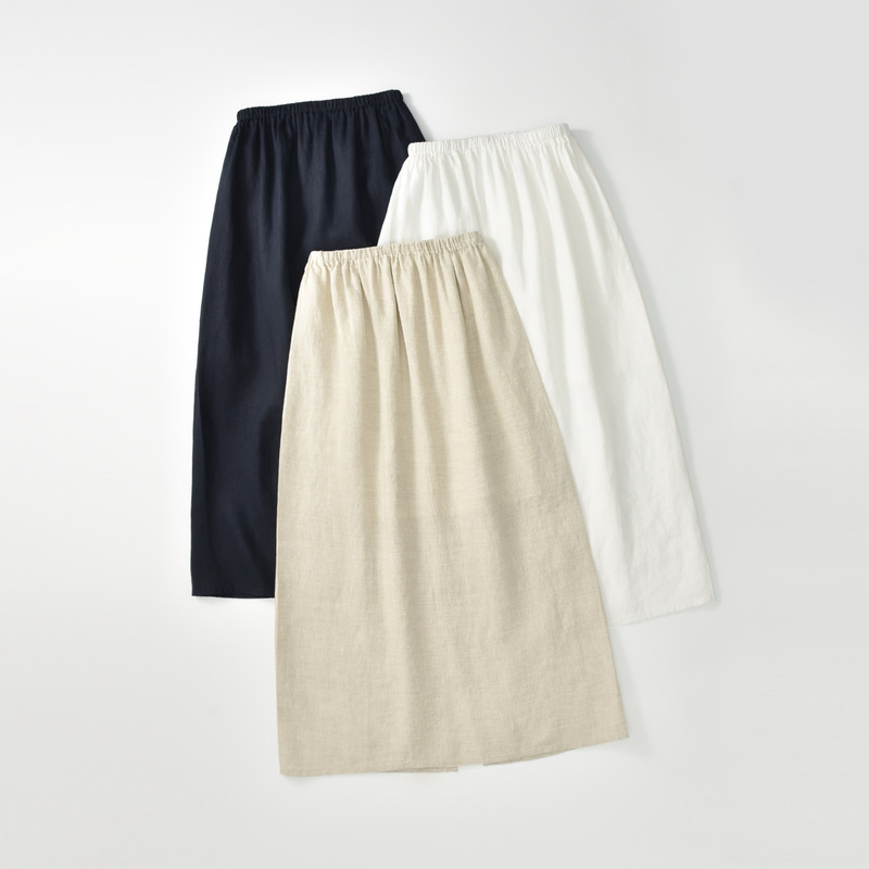 100% Hemp Old Money Style Women's Half-Skirt with Elastic Waist, Straight Cut, Solid Color, Textured, Back Slit, Small A-Line Skirt