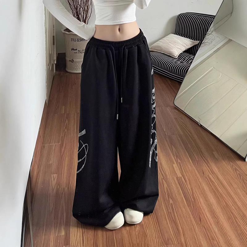 American Hip-Hop Style Rhinestone Black Wide-Leg Pants for Women, Street Dance Personality Loose Casual Pants, Unisex High Street Sports Pants