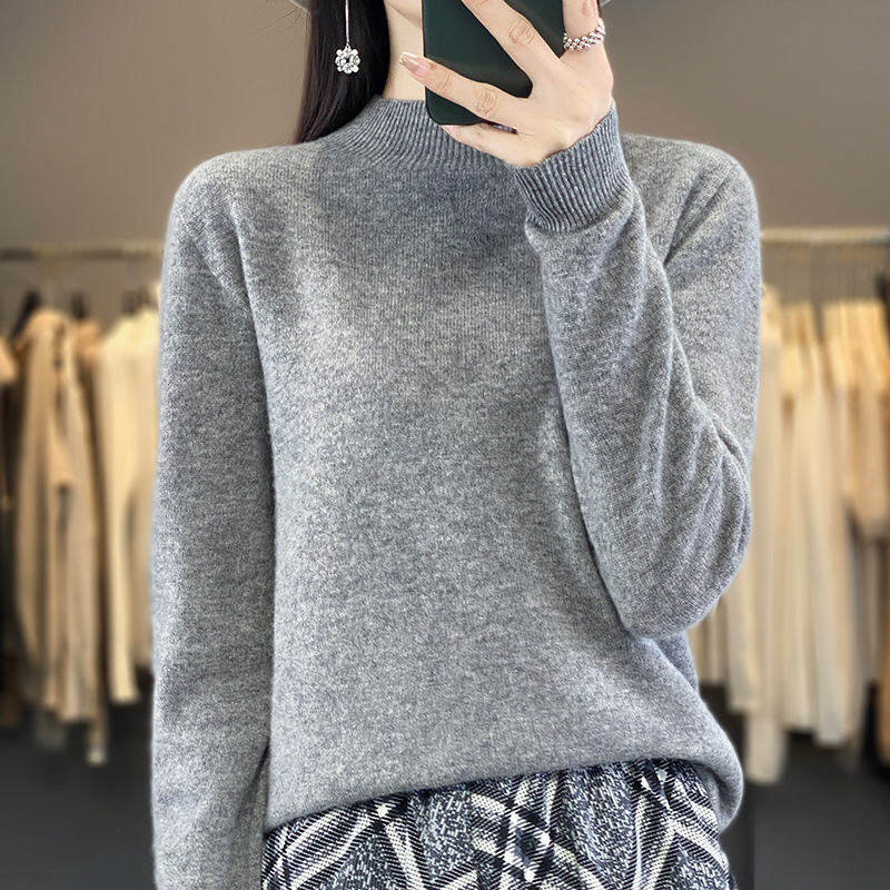 100%純毛セーター、ワンライン仕立て、シームレス、女性用ハーフタートルネック、ゆったりとしたニットセーター、シンプルな通勤スタイル