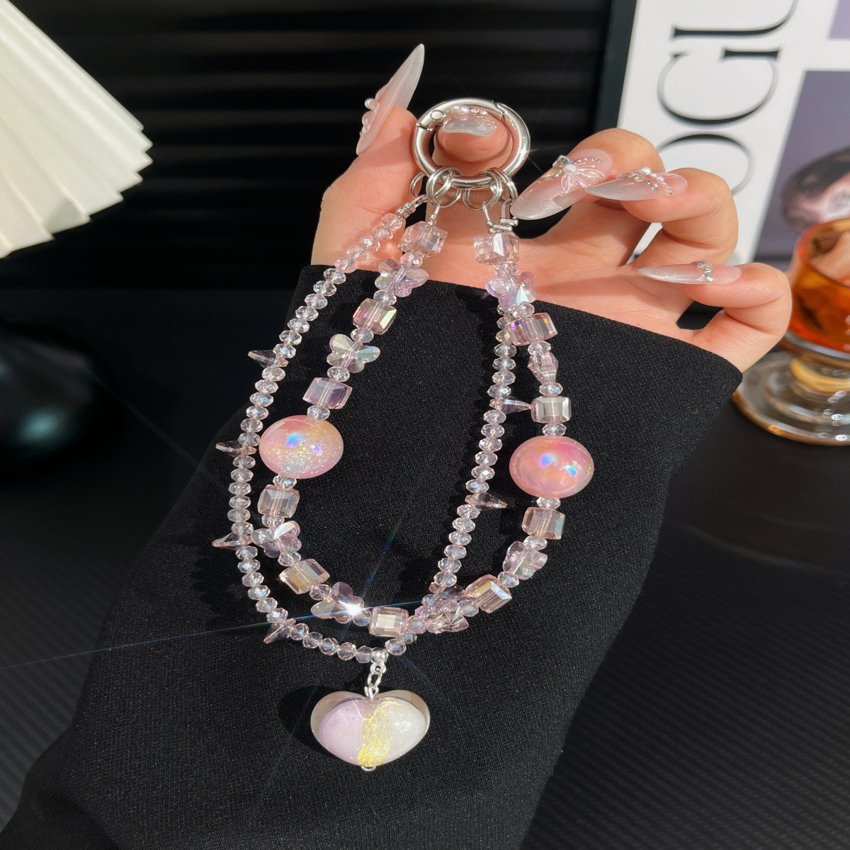 Cadena de teléfono móvil ultra-flash cadena de cristal cuentas de doble capa de alta calidad artesanía pesada amor colgante nicho corto lote de doble cadena