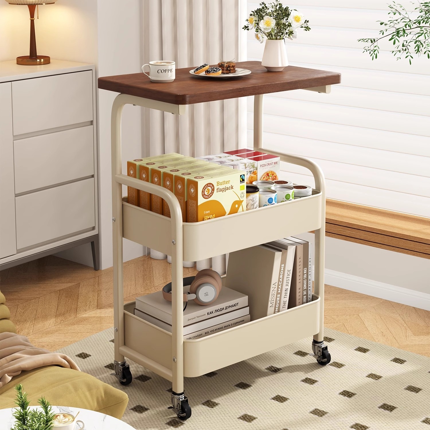 Movable Coffee Table, Small Trolley, Sofa Side Table, Bedside Storage Rack, High Coffee Table, Living Room Snack Table, Bedside Cabinet