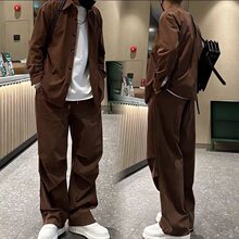 春季新款休闲宽松纯色韩版复古百搭情侣套装透气潮流男装
