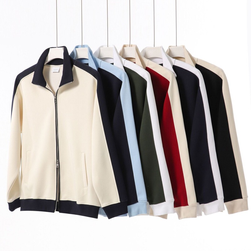 New cross-border 380g heavyweight trendy cotton color-blocked double-zipper stand-up collar sweatshirt for men, trendy brand knitted cardigan