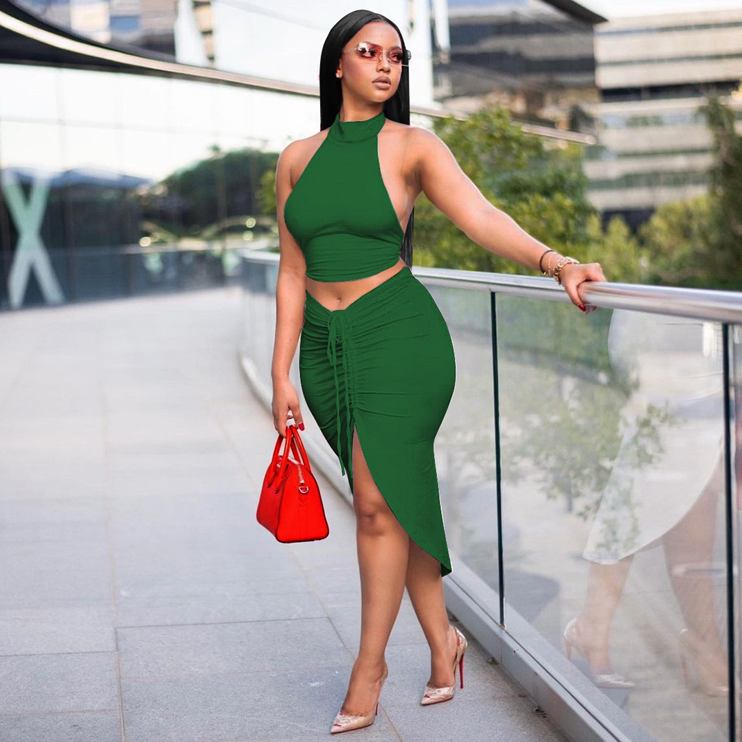 Summer Women Clothing Solid Color round Neck Cropped Backless Top Drawstring Mid Length Dress Set