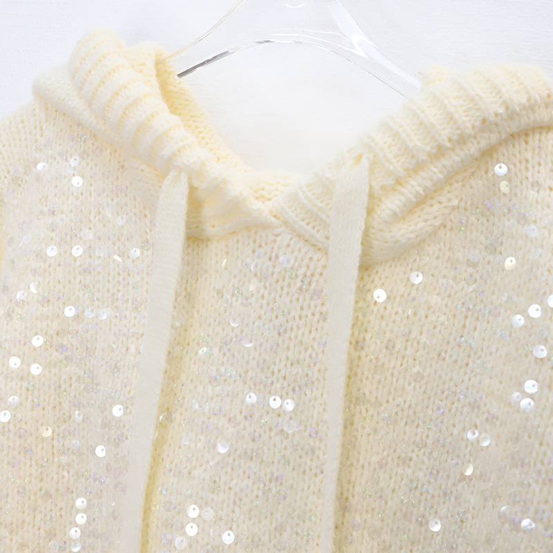 Women's Clothing light luxury sequined hooded sweater autumn and winter high end temperament versatile warm long sleeved knitted sweater women's trend_voghion.com
