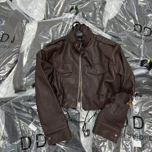 2025 Autumn New Cool Metal Buckle Stand Collar Drawstring Waist Leather Jacket Motorcycle Leather Jacket Women's Black Brown