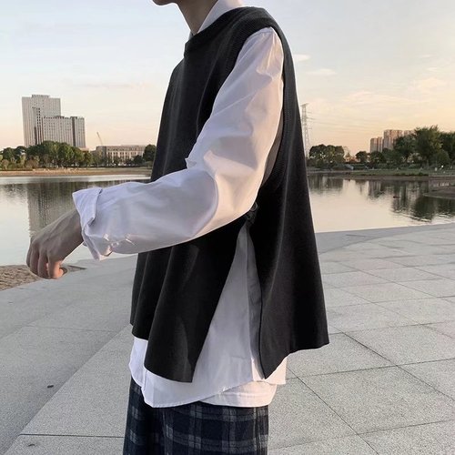 Men's Fashion V-Neck Cardigan with Side Slits, Loose-Fitting, Sleeveless, Hong Kong Style, Korean Version, Outerwear