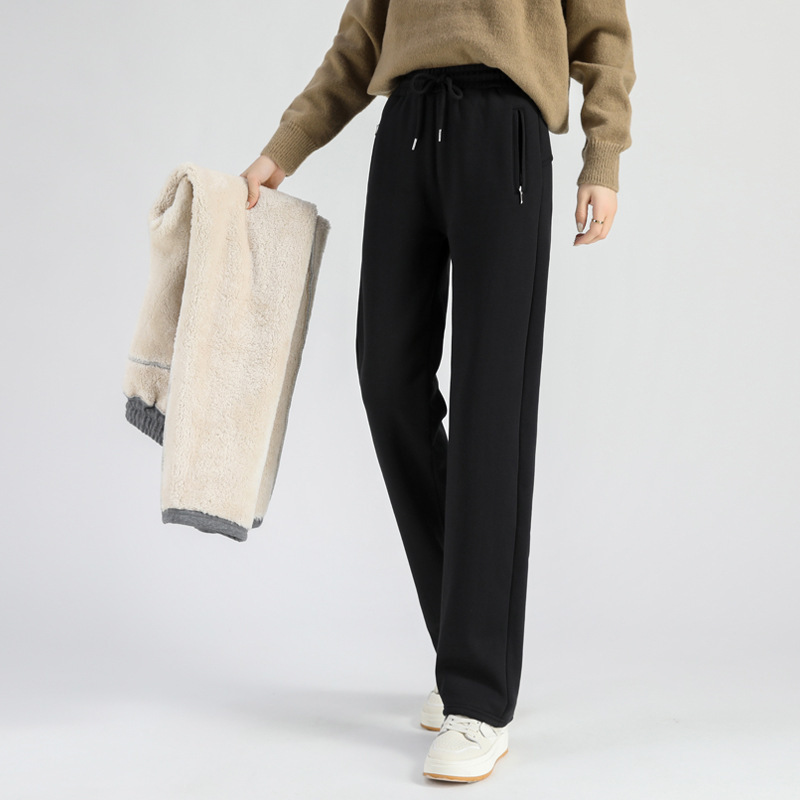 Extra thick lambswool wide-leg pants gray outer wear thickened winter sports casual pants drawstring straight fleece-lined sweatpants for women Extra thick lambswool wide-leg pants gray outer wear thickened winter sports casual pants drawstring straight fleece-lined sweatpants for women