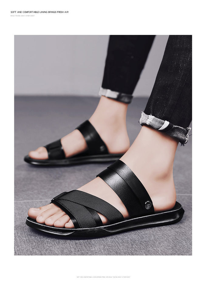 Dép sandal nam quai ngang hở ngón da PU chống trơn trượt, đế mềm thoáng khí đi biển mùa hè — Đen toàn bộ, Đen trắng chi tiết 15
