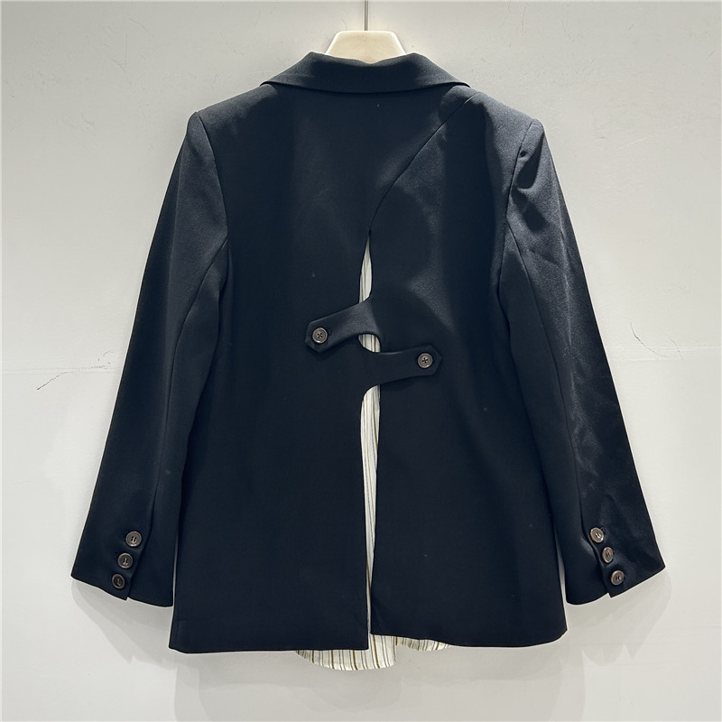 Saco de Traje Negro en Contraste para Mujer Cuello Solapa Corte Holgado