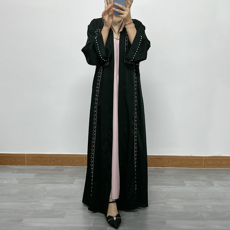 F332 Cross-Border Foreign Trade Women's Long Dress Middle East Dubai Embroidered Lace Pearl Beaded Cardigan Robe In_ecoleips.com