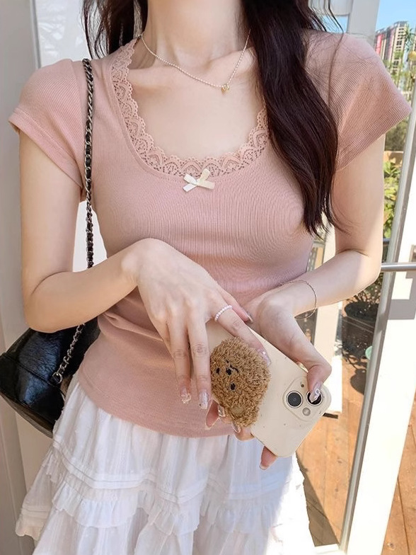 Insセクシー純欲蝶結びレース小香風半袖tシャツ女性夏U襟ショートタイプの女性t潮