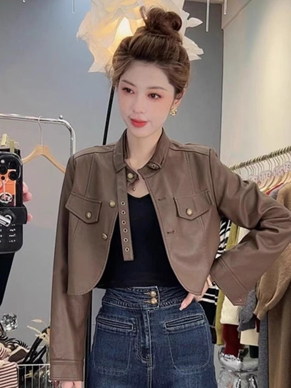 棕色短款皮衣外套女春秋美式复古流行小个子短款显瘦机车pu皮夹克|undefined