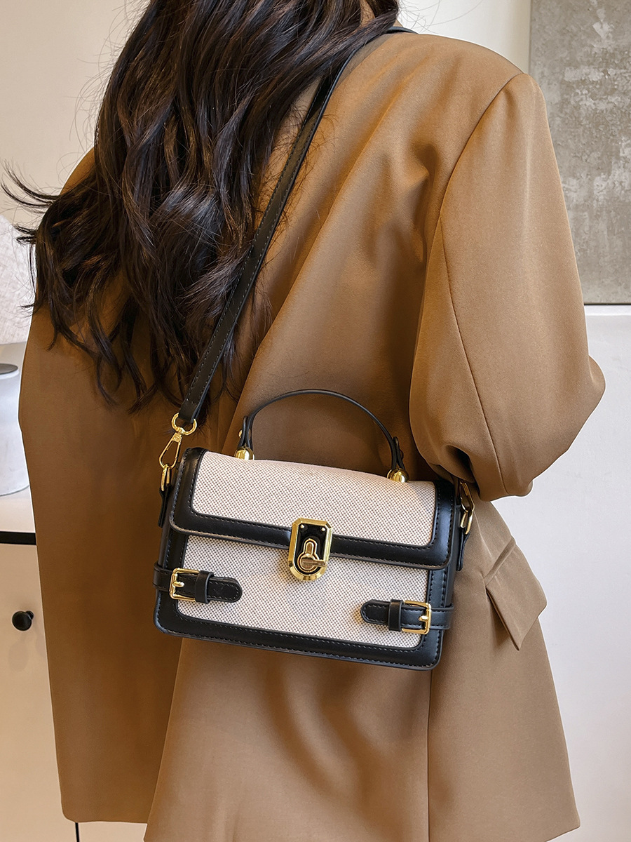 Bolso de mano de alta calidad para mujer 2025 nuevo bolso cuadrado pequeño con costuras de color en contraste retro textura de lino bandolera para mujer