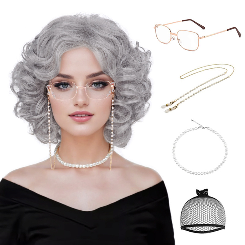in stock Cross-border European and American Women's Wig Grandma's Small Roll Short Chemical Fiber High Temperature Silk Headgear Womens Wig
