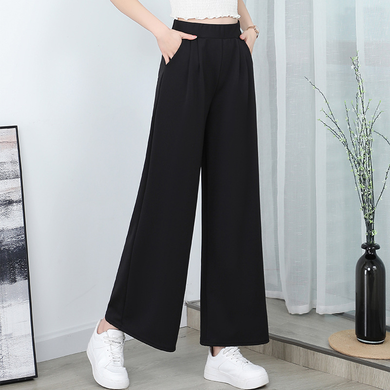 New Style Wide-Leg Pants Spring/Summer Black Cropped Casual Pants Elastic High-Waist Slim-Fit Women's Pants with Pockets Cross-Border