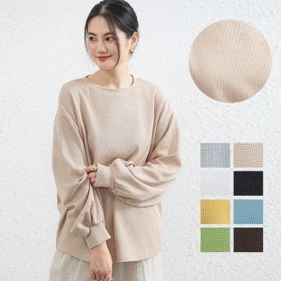 Japanese and Korean Style Spring and Autumn Casual Loose Round Neck Waffle Lantern Sleeve Long Sleeve Sweatshirt Lazy Style Round Neck Top