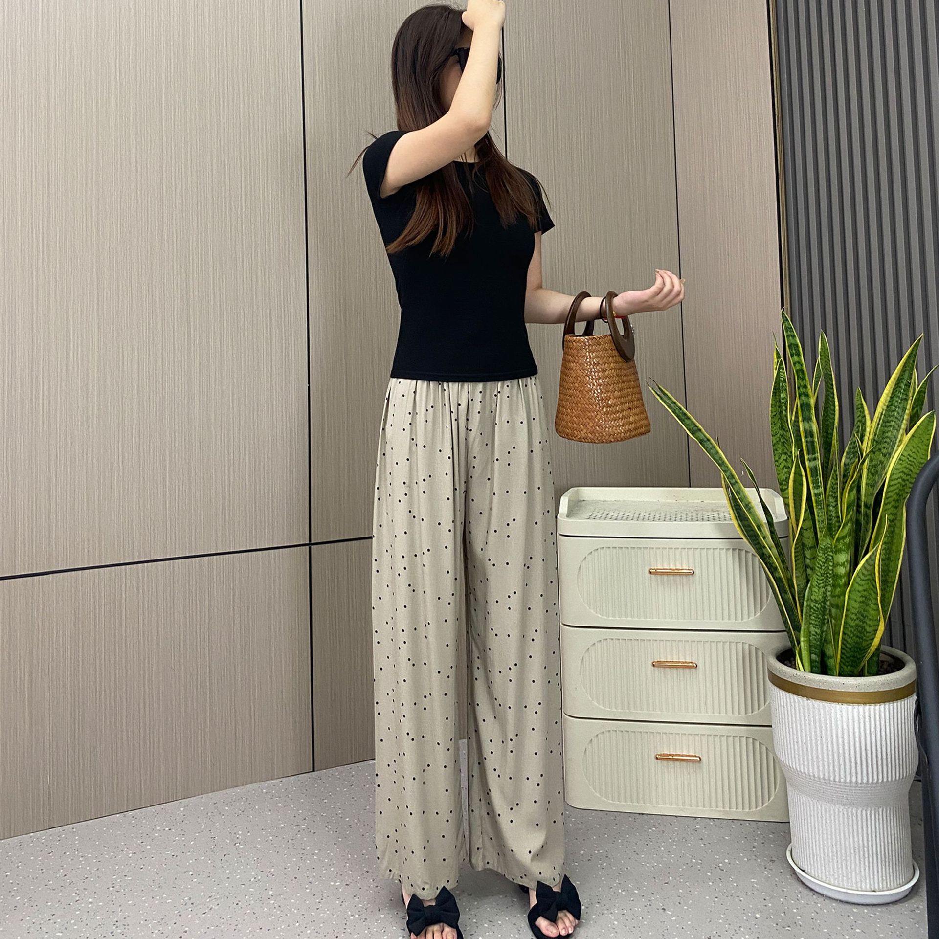 [Bolsillos dobles] pijamas de seda de algodón pantalones anchos sueltos de verano para mujer pantalones de nueve puntos pantalones de algodón artificial para el hogar para mujer