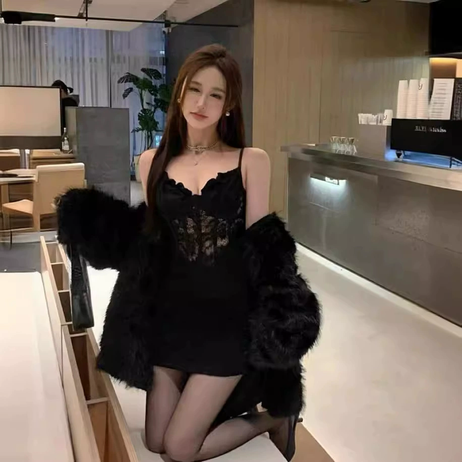 Кружевное зимнее sexy платье для полки столика, браслет, поясная сумка, юбка, мини-юбка, V-образный вырез, акцент на бедро