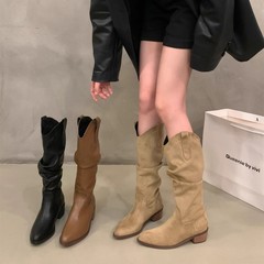复古棕色V口堆堆中筒骑士靴女鞋2025春秋冬季尖头西部牛仔~长筒靴