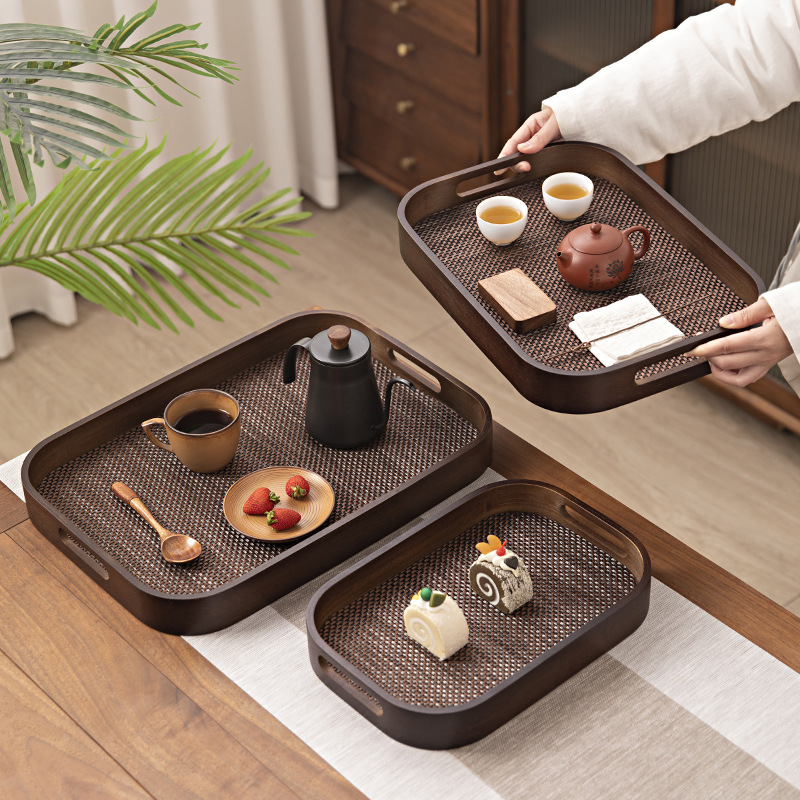 Bamboo Handle Disc Tea Accessories Retro Tea Tray Chinese Bamboo Household Mat Tray Rectangular Snack Tray