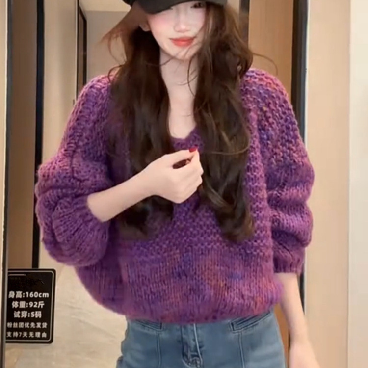 Korean Dongdaemun autumn and winter new Korean-style chunky knit colorful loose lantern sleeve short sweater for women Korean Dongdaemun autumn and winter new Korean-style chunky knit colorful loose lantern sleeve short sweater for women