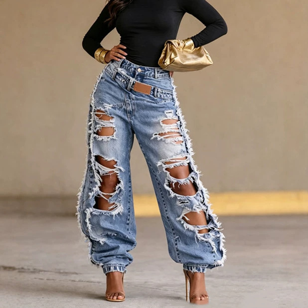 European and American Style Women's Jeans, Washed, with Oversized Holes, Frayed Edges, Jogger-Style Wide-Leg Pants, Unique Waistband, Distressed Style, Cross-Border Trendy Brand European and American Style Women's Jeans, Washed, with Oversized Holes, Frayed Edges, Jogger-Style Wide-Leg Pants, Unique Waistband, Distressed Style, Cross-Border Trendy Brand