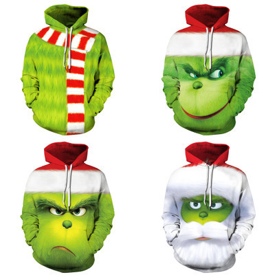 Christmas Green Furry Digital Printed Couple Wear Hooded Long Sleeve Sweatshirt Casual Loose Baseball Uniform Wholesale