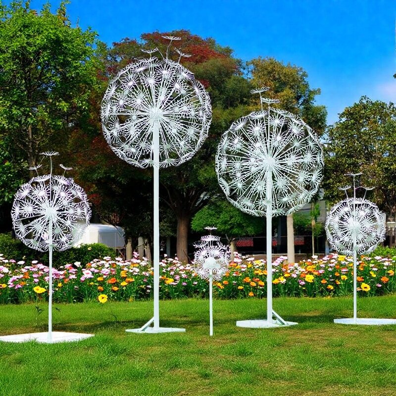 Large stainless steel dandelion sculpture, floor-standing ornament, suitable for outdoor plazas, lawns, and wrought iron flower landscape decorations.