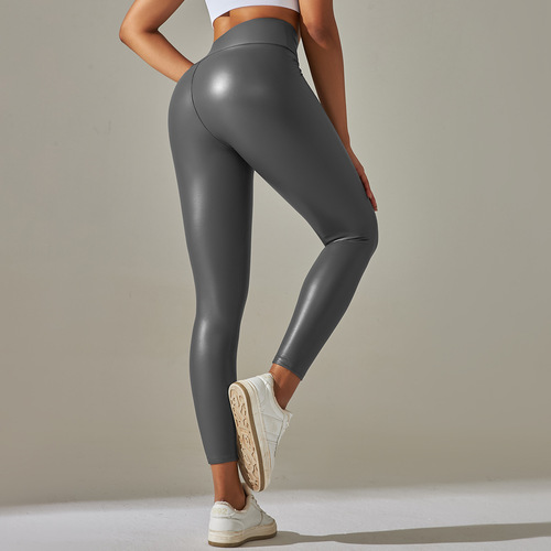 2024 European and American cross-border new style PU leather pants colorful high waist tight trousers running fitness training high elastic yoga pants