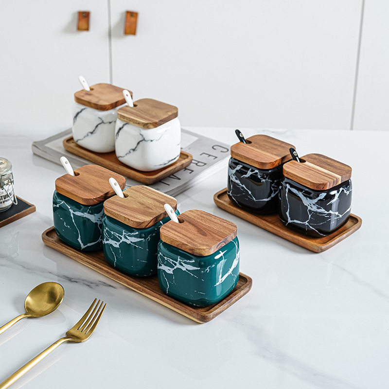 Японская стиль кухня Яркие приправы набор танков Мрамор Керамический Дом Комбинированный приправа коробка соляного сахара приправляющий бутылка