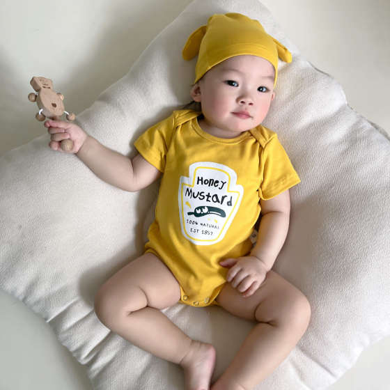 24 summer new Korean style children's jumpsuit ins tomato sauce mustard sauce modeling romper short sleeve baby romper
