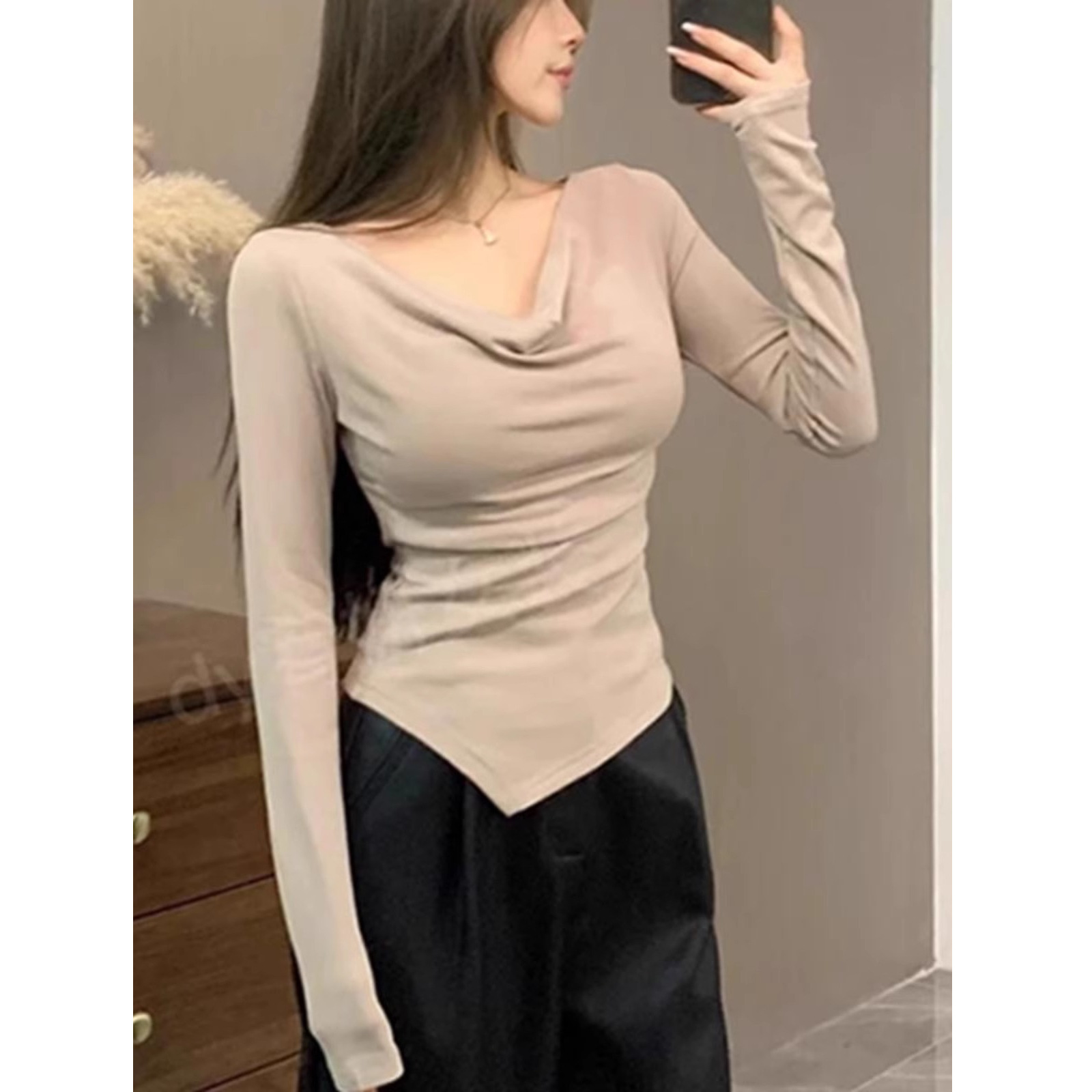 여성용 프렌치 스윙 칼라 긴팔 티셔츠 2025 봄 가을 신상 슬림핏 이너 레이어드 셔츠 벨 슬리브 시크 탑