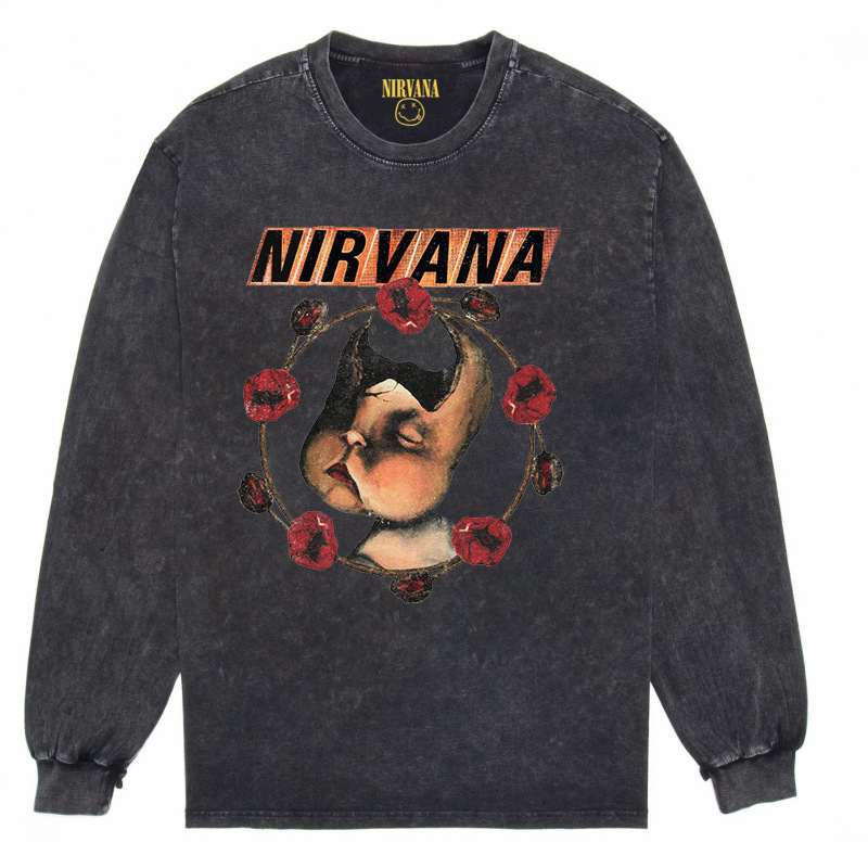Nirvana Vintage American retro apenado rock punk angustiado lavado batik Camiseta de manga larga