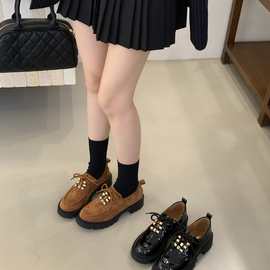 2025秋季新款乐福鞋厚底绑带小皮鞋深口单鞋