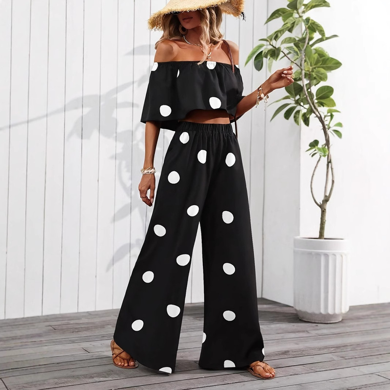 European Size Amazon Cross-Border 2025 Summer New Women's Elegant Vacation Polka Dot Tube Top Top Pants Suit