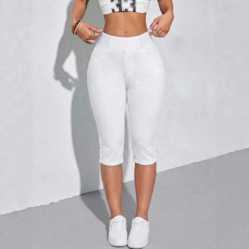 TK181 European and American style high-waisted stretchy women's cropped pants, solid color elastic waist hip-hugging denim mid-length pants TK181 European and American style high-waisted stretchy women's cropped pants, solid color elastic waist hip-hugging denim mid-length pants