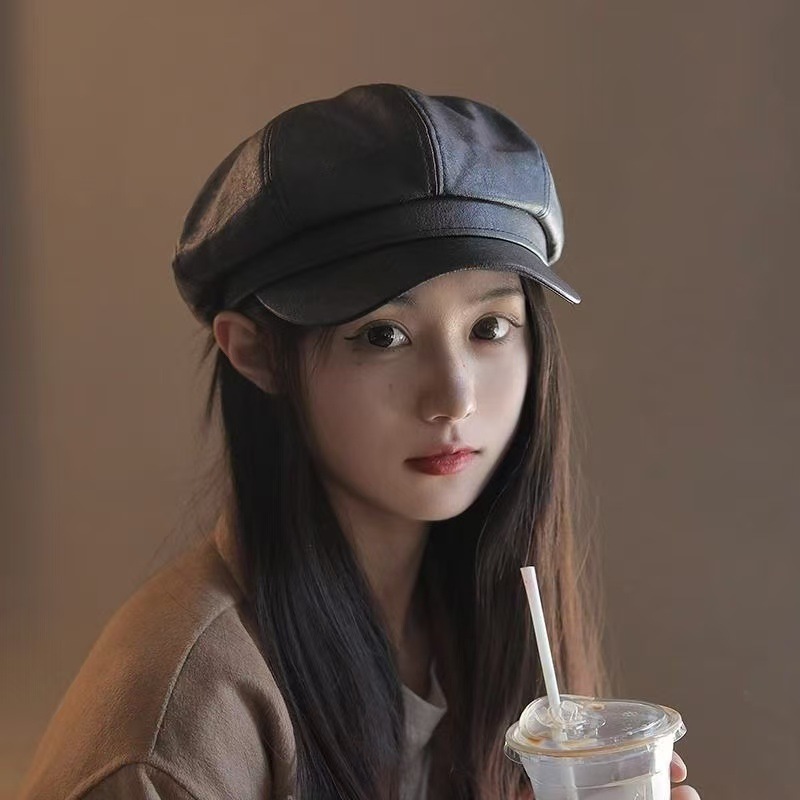 黑色pu皮质八角帽大头围贝雷帽秋冬画家帽女鸭舌帽英伦帽皮帽子|undefined