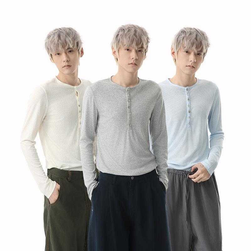 MTLCLOTHES men's | Korean version of minimalist solid color soft and comfortable Joker Henry collar base thin casual T-shirt
