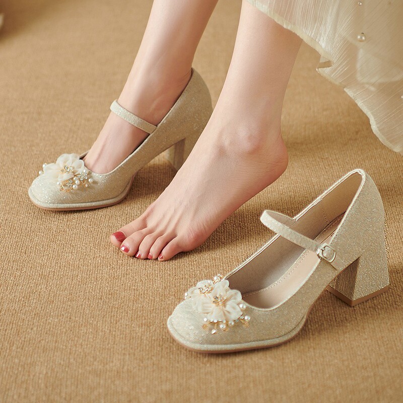 French Fairy Style High Heels Women's 2025 Spring New Arrival Outer Wear One Word Belt Root Mary Jane High Heels Women